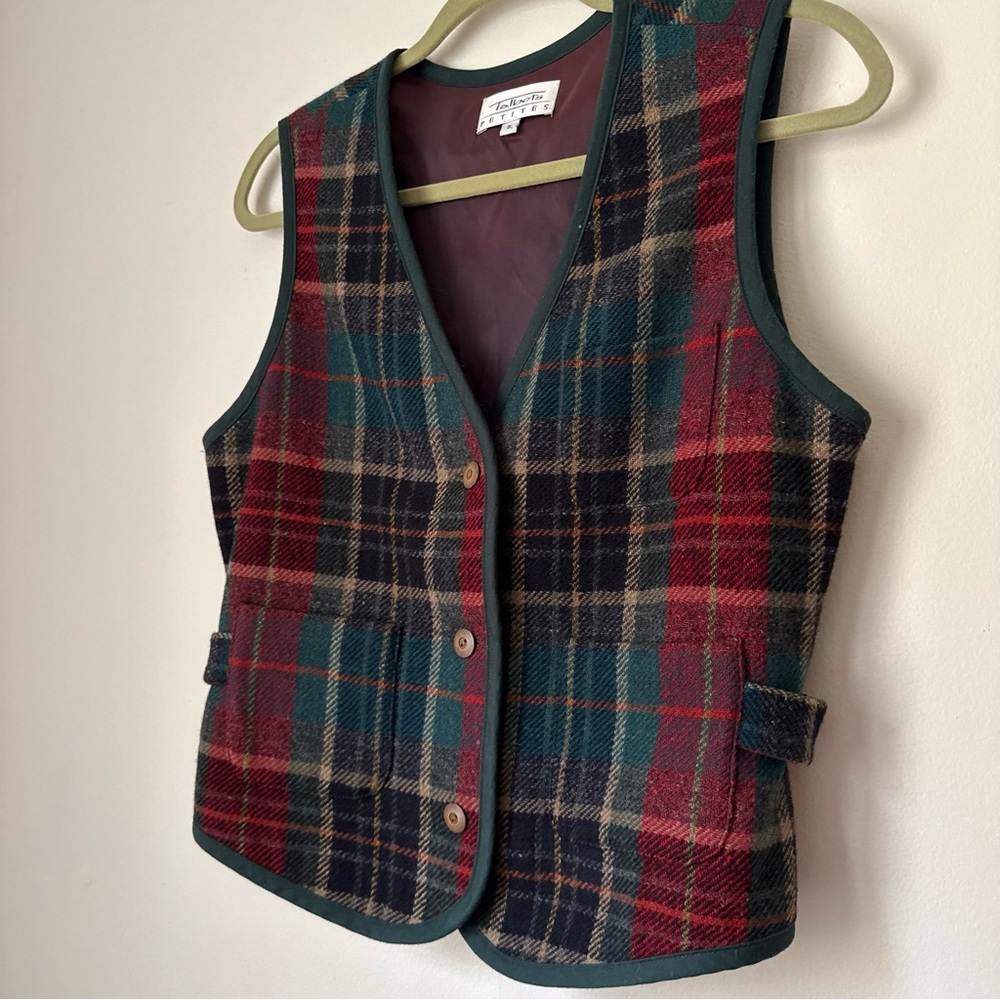 Vintage 90s Talbots Petites 100% Wool Vest in Green Plaid, Size S Petite - Picture 3 of 16
